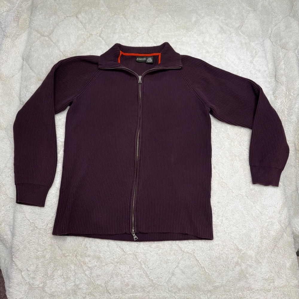 St Johns Bay Mens Large Purple Ribbed Full Zip Sweater Cardigan 2 Way Mock Neck